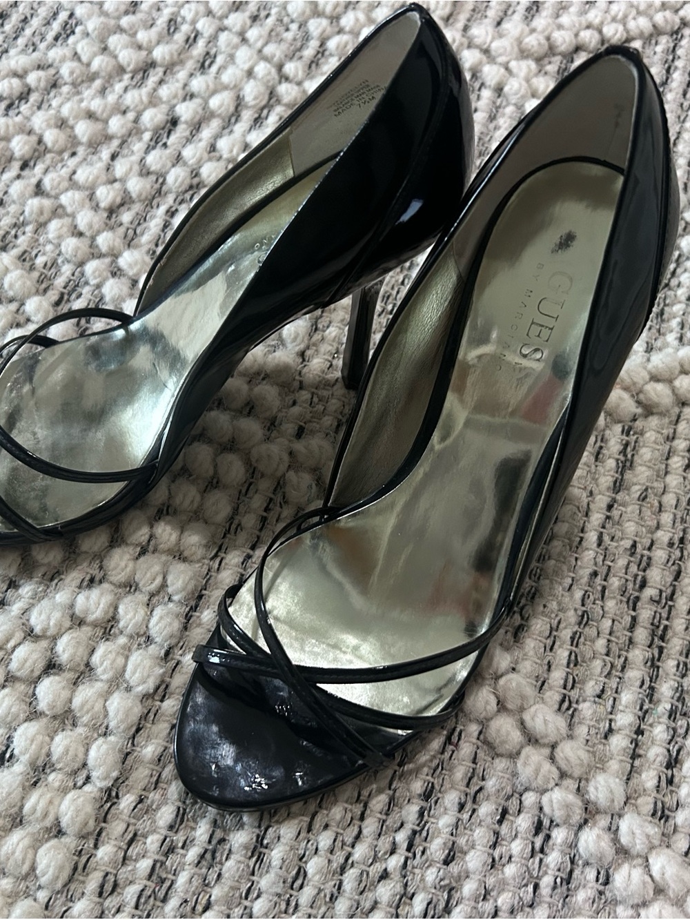 GUESS Marciano Black Patent Open-Toe Strappy Stiletto Heels 7.5